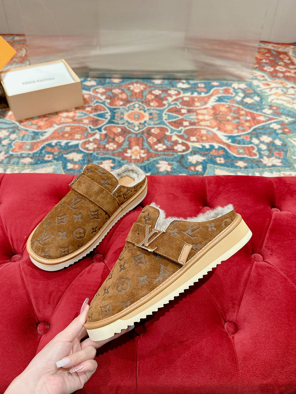 Louis Vuitton brown monogram suede sandals with thick white sole and strap detail