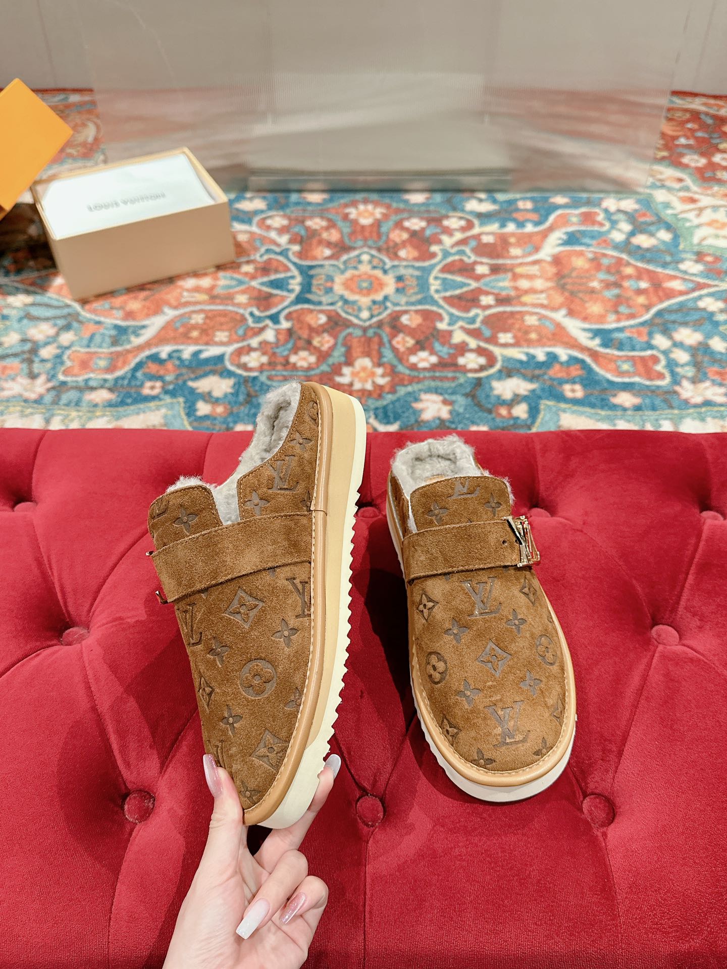 Louis Vuitton pair of brown monogram suede sandals with double strap and white trim