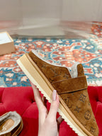 Louis Vuitton brown suede slide sandal with monogram strap and white sole edge