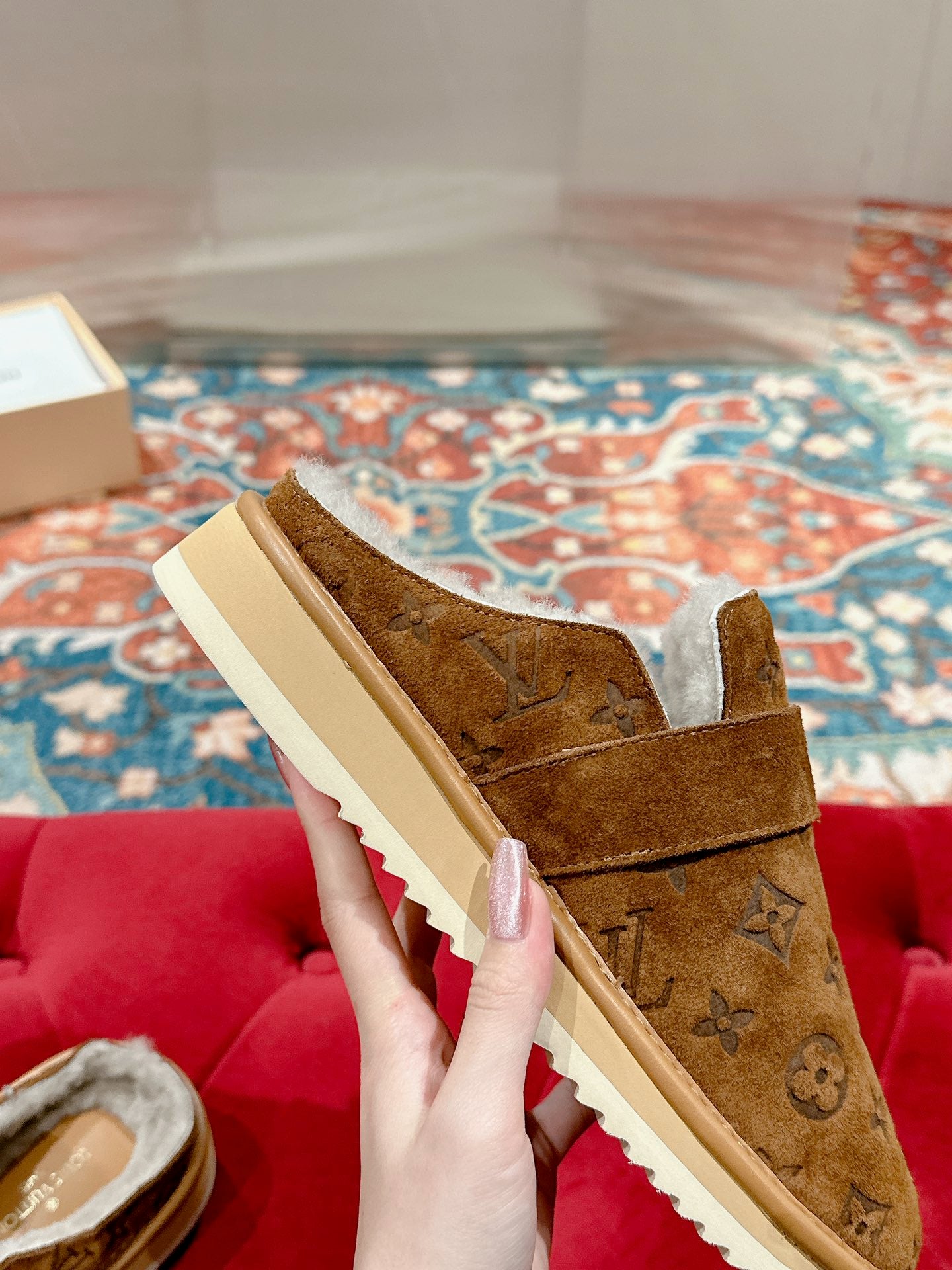 Louis Vuitton brown suede slide sandal with monogram strap and white sole edge