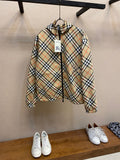Hooded zip jacket with beige and navy plaid pattern and drawstring hem