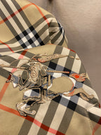 Beige plaid hooded jacket with large embroidered horse graphic on chest