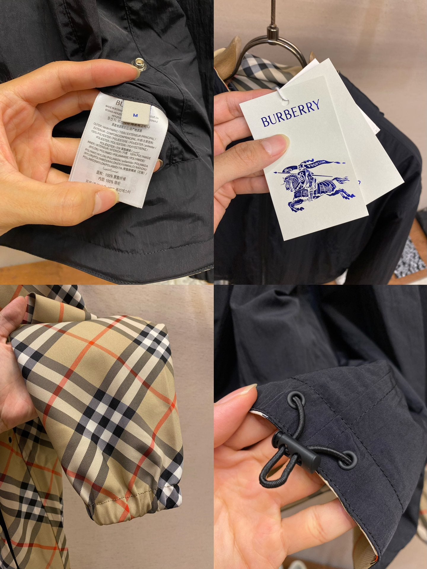 Dark navy jacket label tags and small plaid fabric swatch