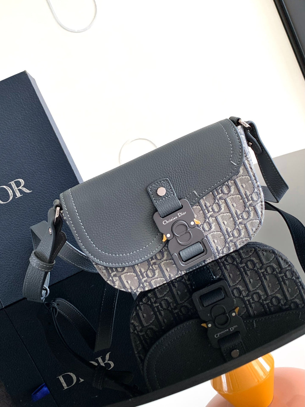 Men's shoulder bag in blue-gray leather with Dior monogram canvas flap