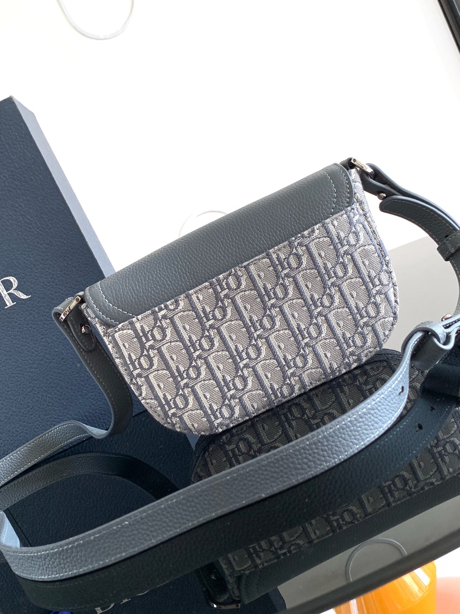 Crossbody bag with blue-gray leather trim and Dior monogram canvas front
