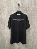 Black short-sleeve T-shirt with front crew neck and chest logo print