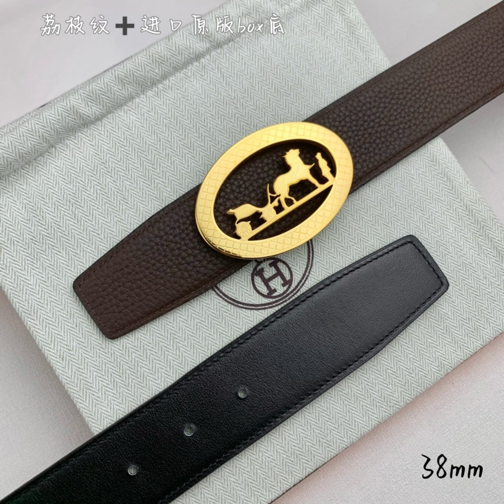Brown leather belt with gold oval buckle, showing multiple belt holes