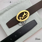Brown leather belt with gold oval buckle, showing multiple belt holes