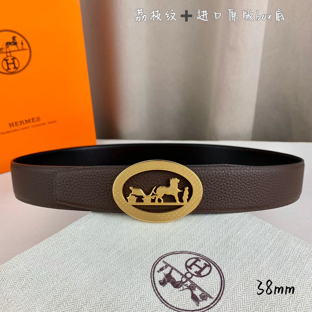Brown leather belt with gold oval buckle featuring a horse rider emblem