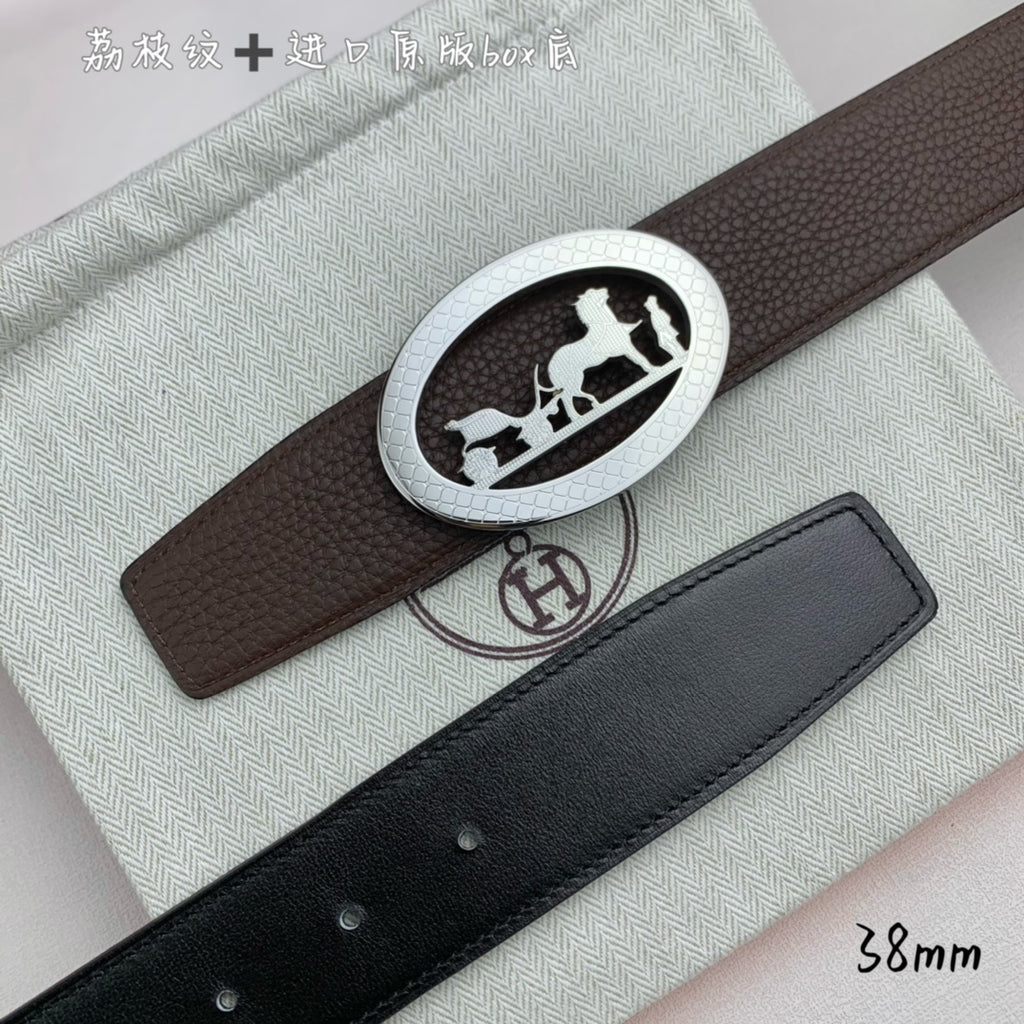 Brown leather belt with silver oval buckle, showing multiple belt holes