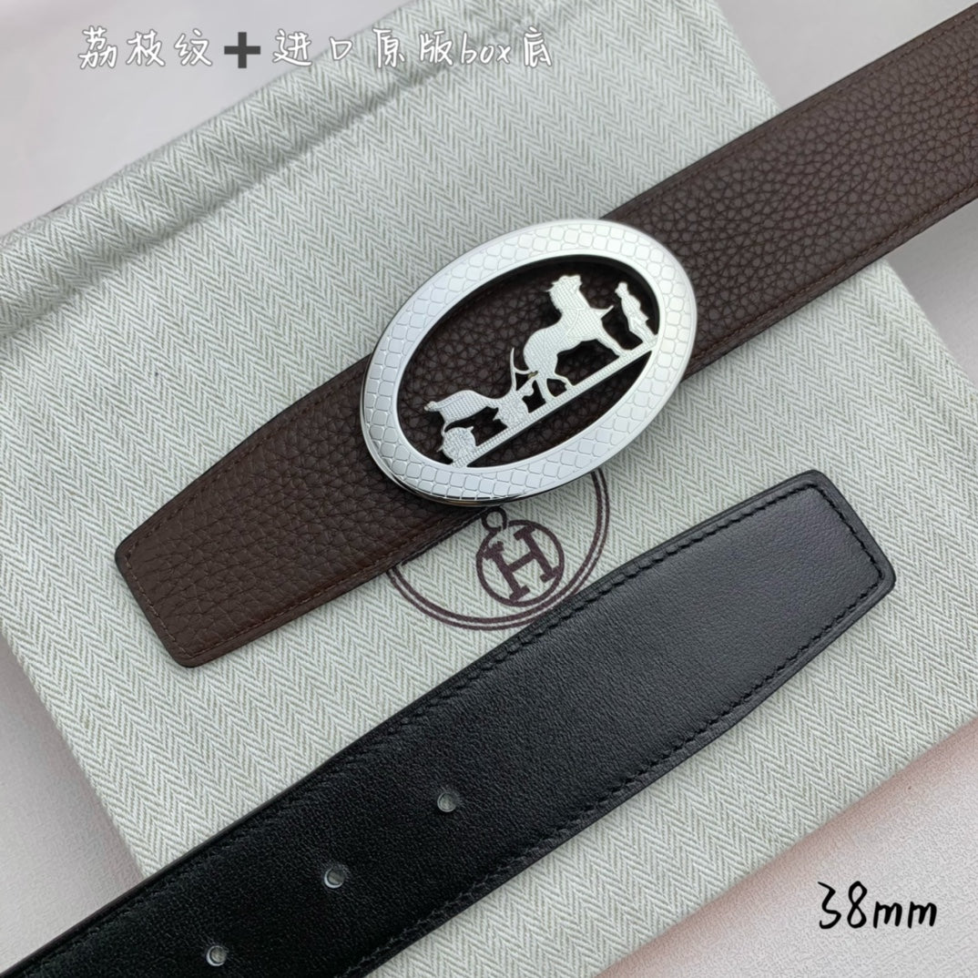 Brown leather belt with silver oval buckle, showing multiple belt holes
