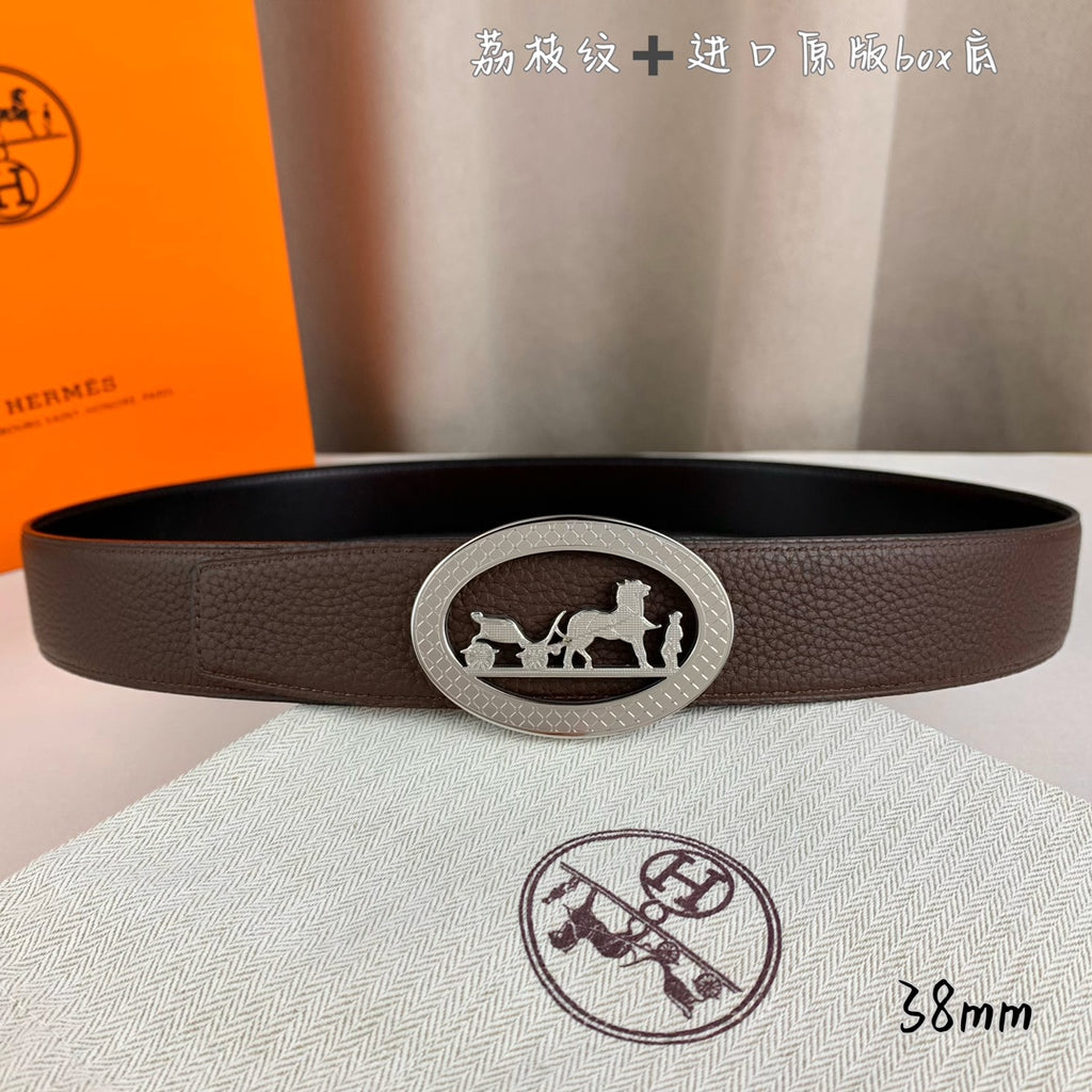 Brown leather belt with silver oval buckle featuring a horse rider emblem