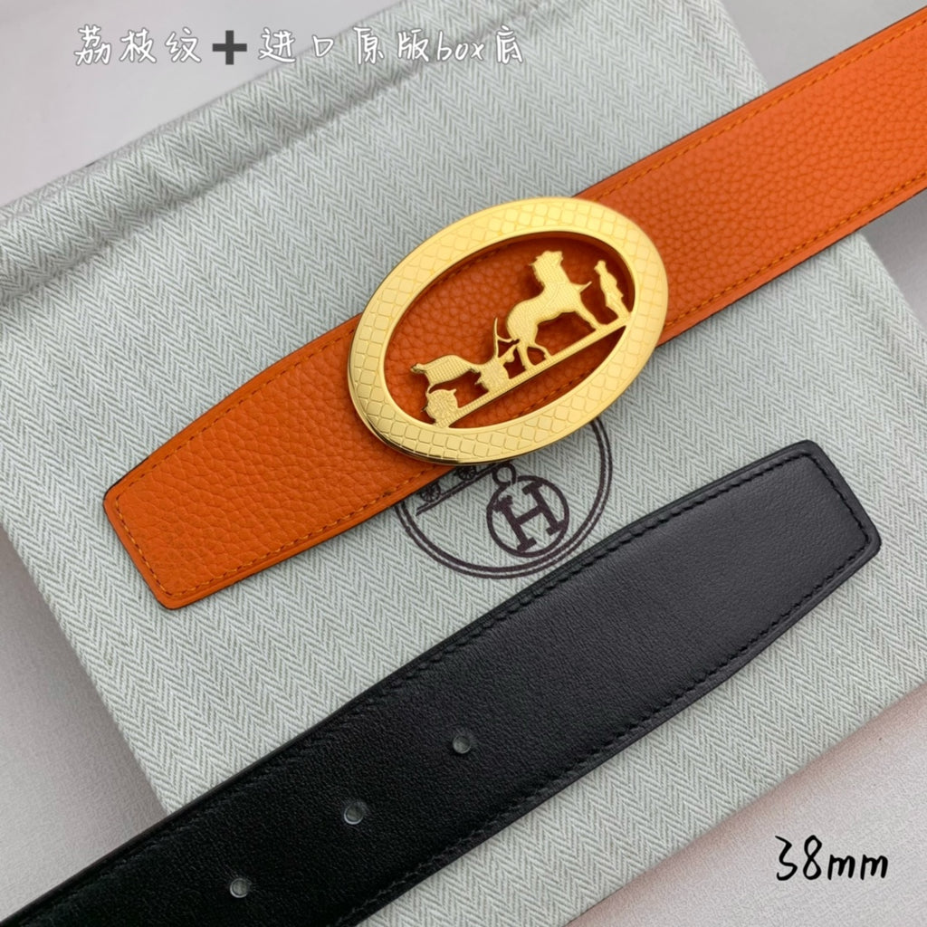 Hermes belt set, orange and black leather straps with large gold and silver buckles