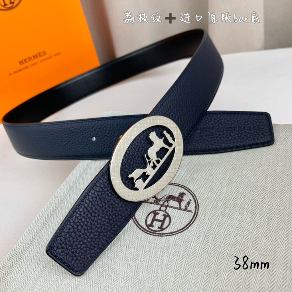 Leather belt with navy strap and silver oval horse buckle, folded view
