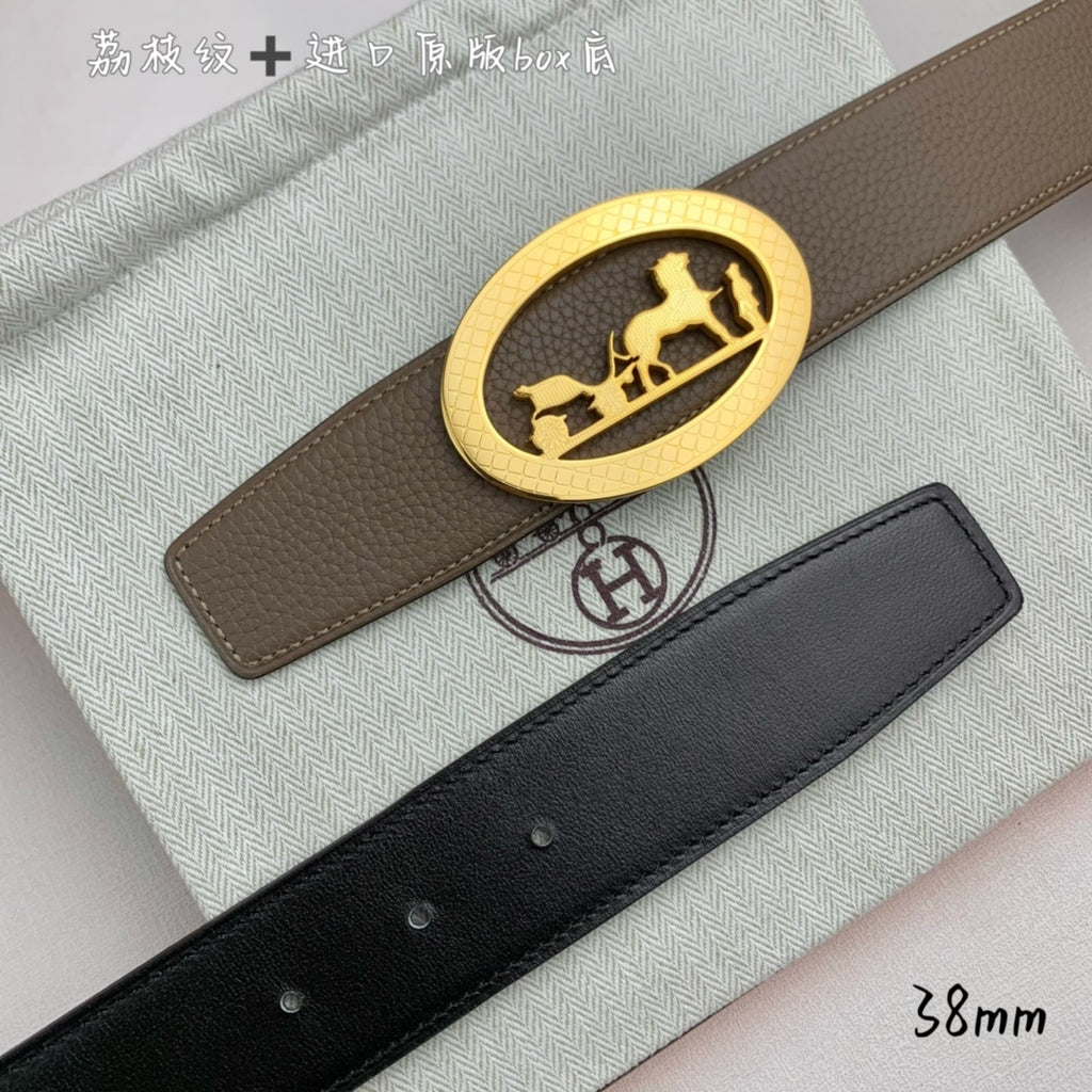 Hermes leather belt with taupe strap and gold oval buckle, black strap beneath