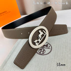 Hermes leather belt with taupe strap and silver oval buckle