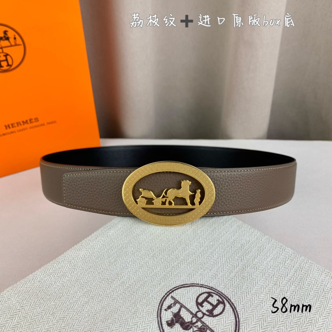 Hermes leather belt with taupe strap and gold oval horse-logo buckle