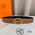 Brown leather belt with gold oval buckle featuring horse motif, 38mm width.