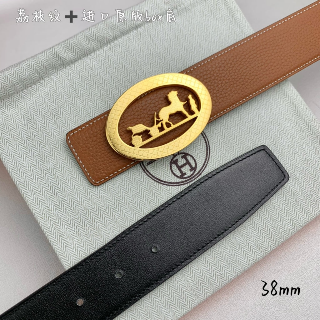Brown leather belt with gold horse-motif buckle; 38mm, plus black belt beside it.