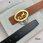 Brown leather belt with gold horse-motif buckle; 38mm, plus black belt beside it.