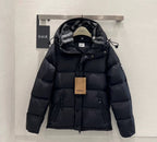 Burberry puffer jacket with dark insulated shell, plaid hood, drawstring waist and zipper