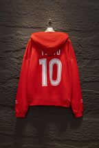 Red zip hoodie with hood, large '10' back graphic