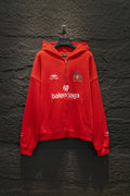 Balenciaga red zip hoodie with hood, front logo patch and drawstring