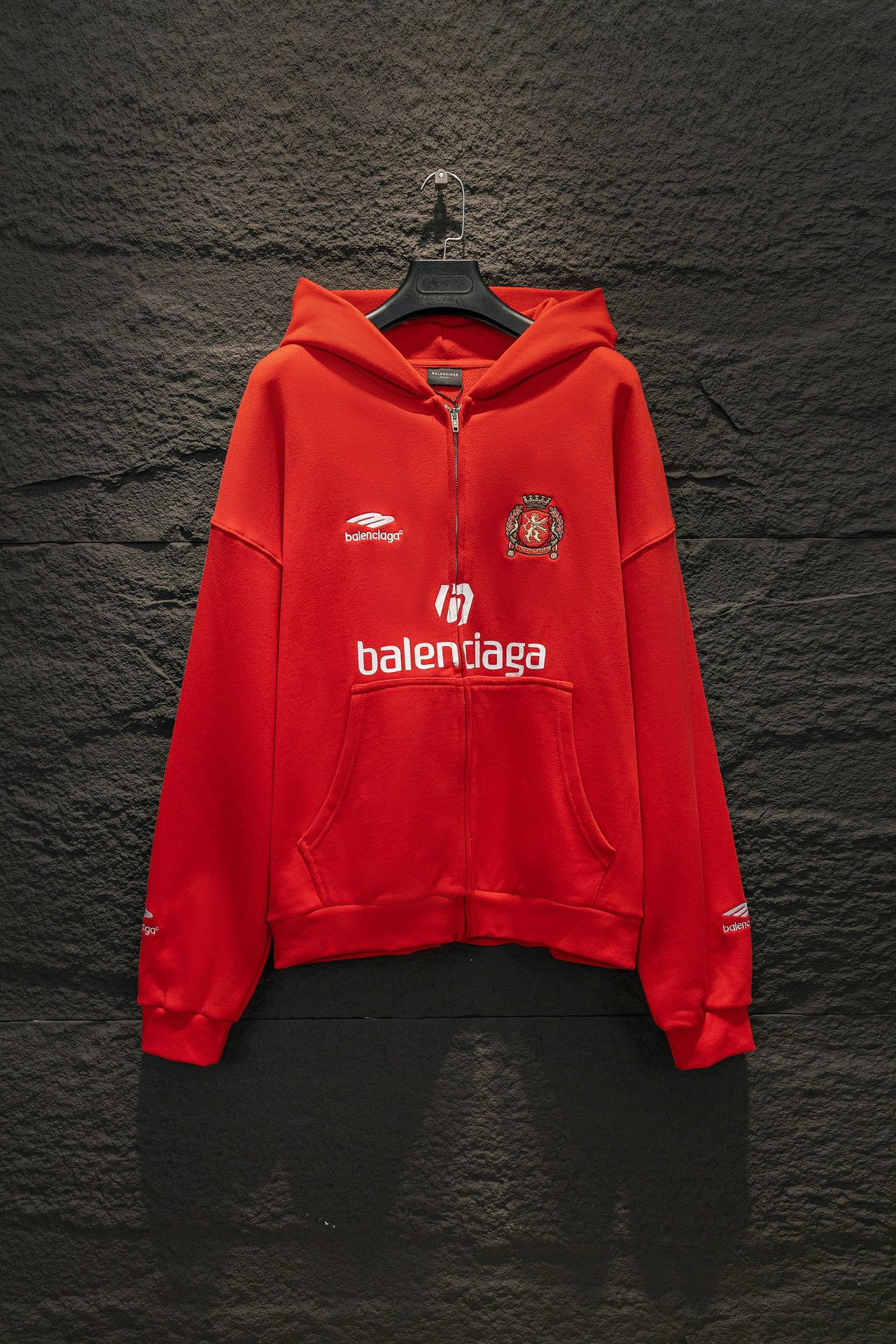 Balenciaga red zip hoodie with hood, front logo patch and drawstring