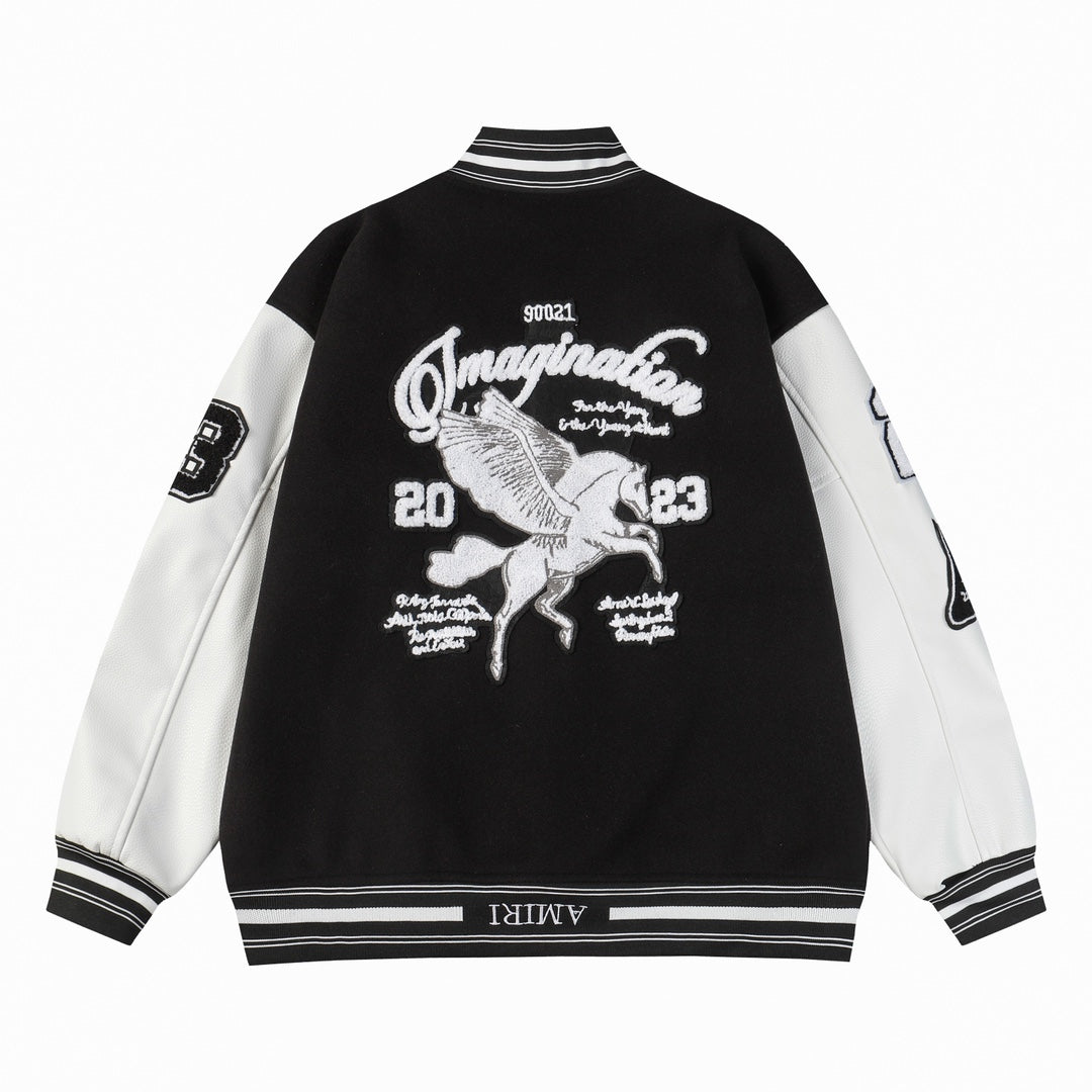 Black and white varsity jacket back with embroidered graphic and striped ribbed hem