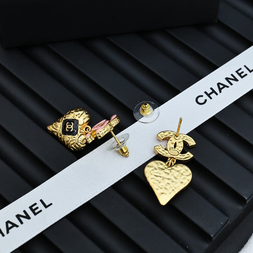 Gold-tone heart charm earrings with pink CC studs, with CHANEL ribbon