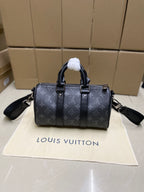 Louis Vuitton monogram satchel bag, dark gray, front view with shoulder straps