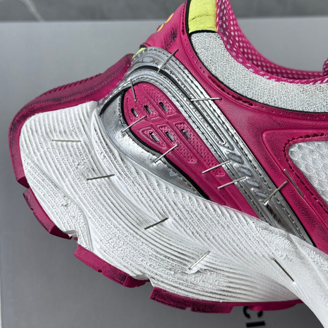 Balenciaga unisex sneakers, silver and pink side with textured sole and logo patch