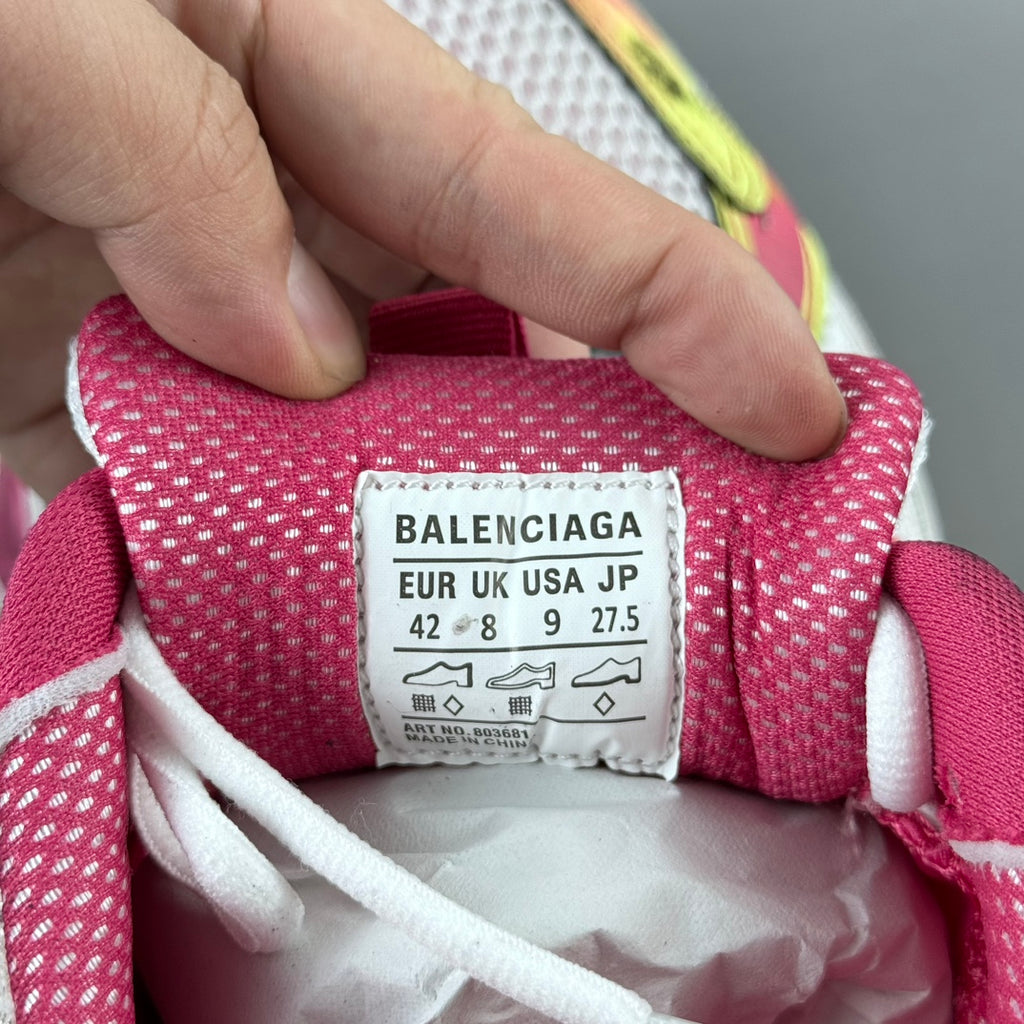 Balenciaga size label on pink sneaker lining: EUR 42, UK 8, USA 9, 27.5