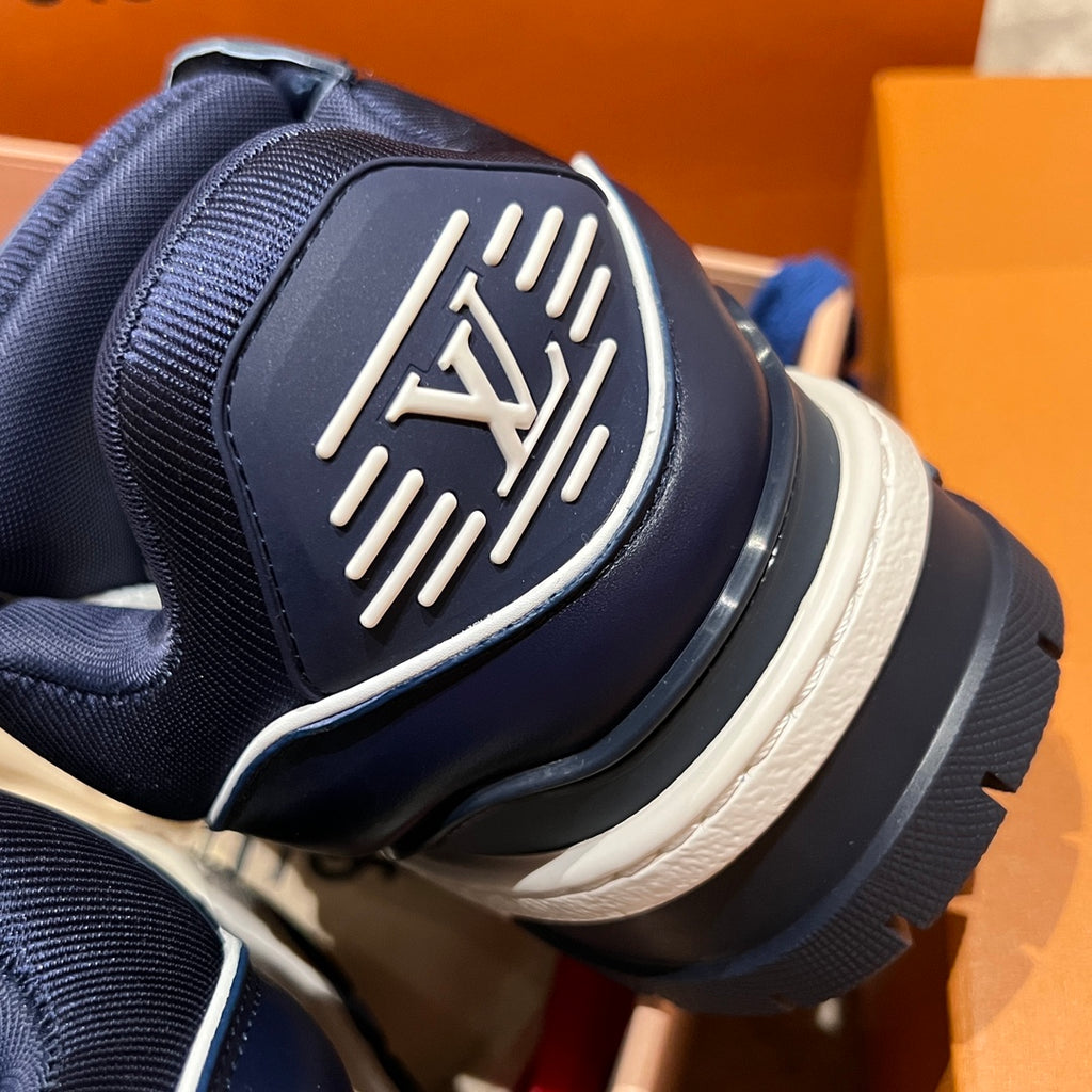 Louis Vuitton navy trainer sneakers heel patch and white midsole detail
