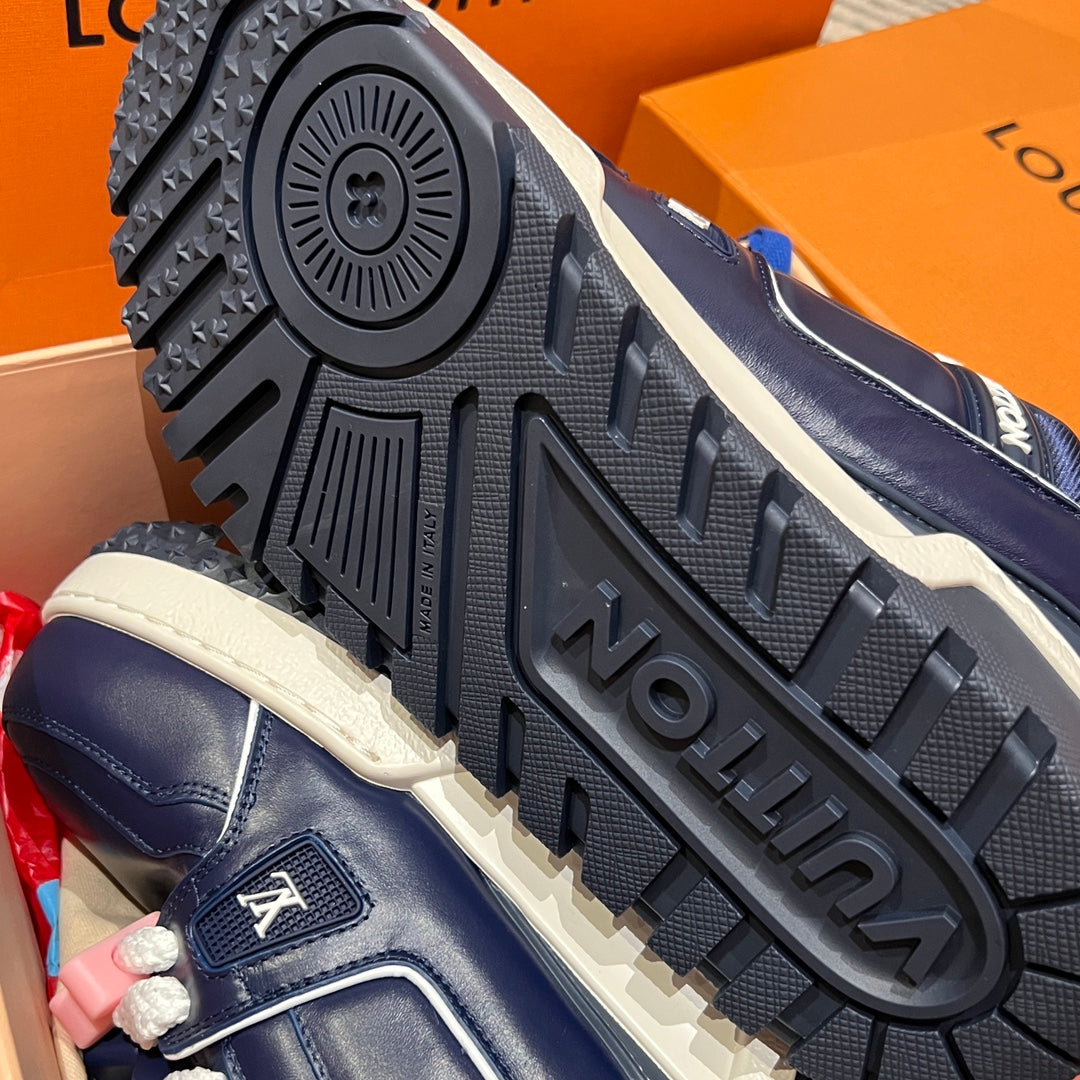 Louis Vuitton trainer sneakers outsole view with tread pattern and logo tag