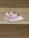 Pink low-top sneakers with white sole and light blue trim, lace-up design