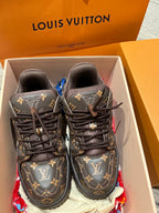 Louis Vuitton monogram trainer shoes with black laces, top view