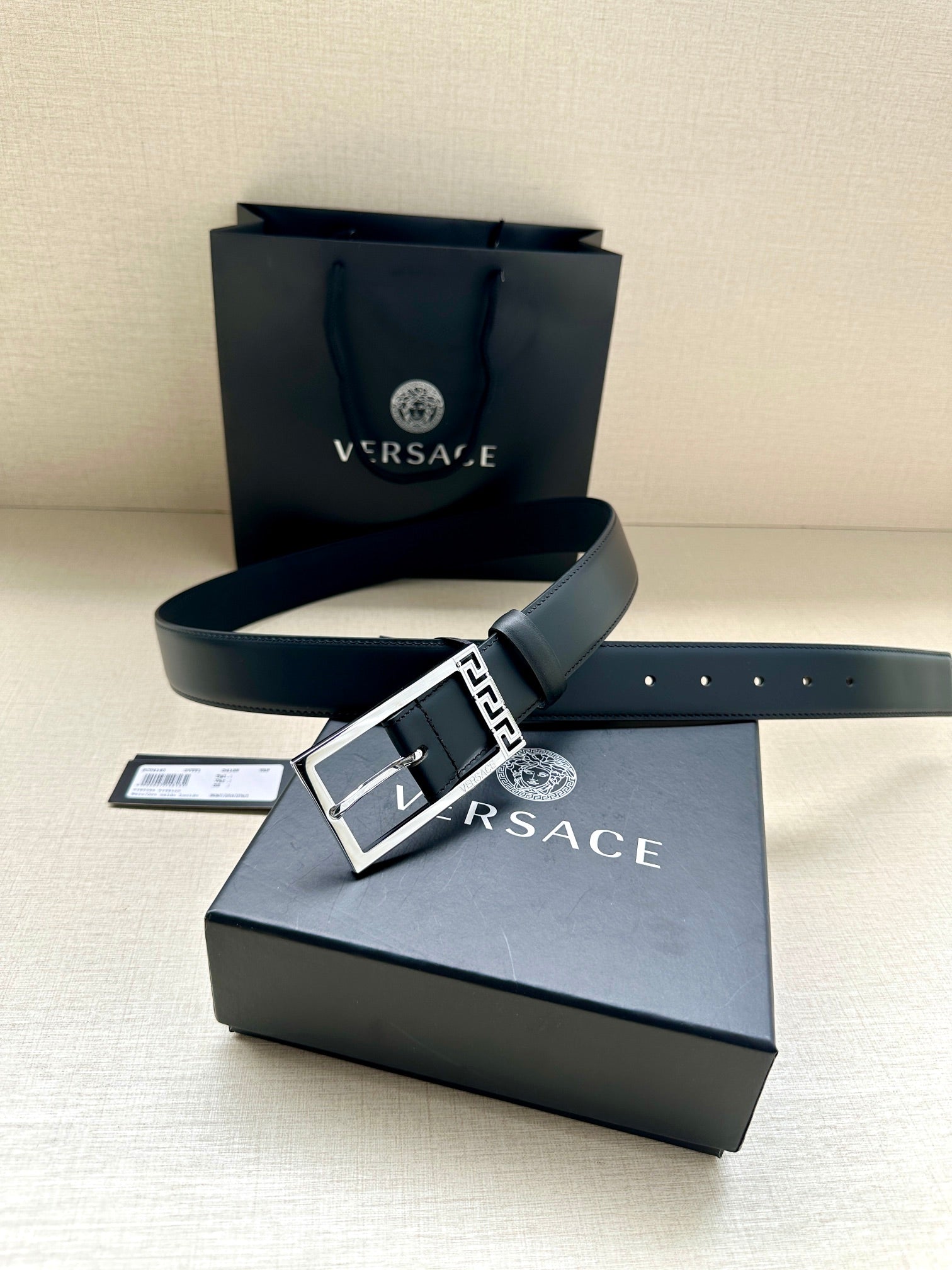 Versace leather belt, dark blue with silver buckle and adjustable holes