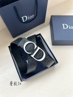 Dark blue Dior belt in gift box, featuring silver-tone CD buckle