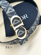 Dior belt close-up: gold CD buckle on blue patterned webbing strap