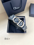 Dior belt close-up: blue patterned webbing with gold CD buckle