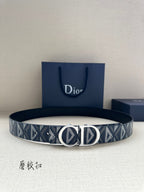 Dior belt with blue patterned webbing and silver CD buckle