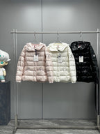 Moncler padded puffer jacket set: light pink, white, and black hooded styles