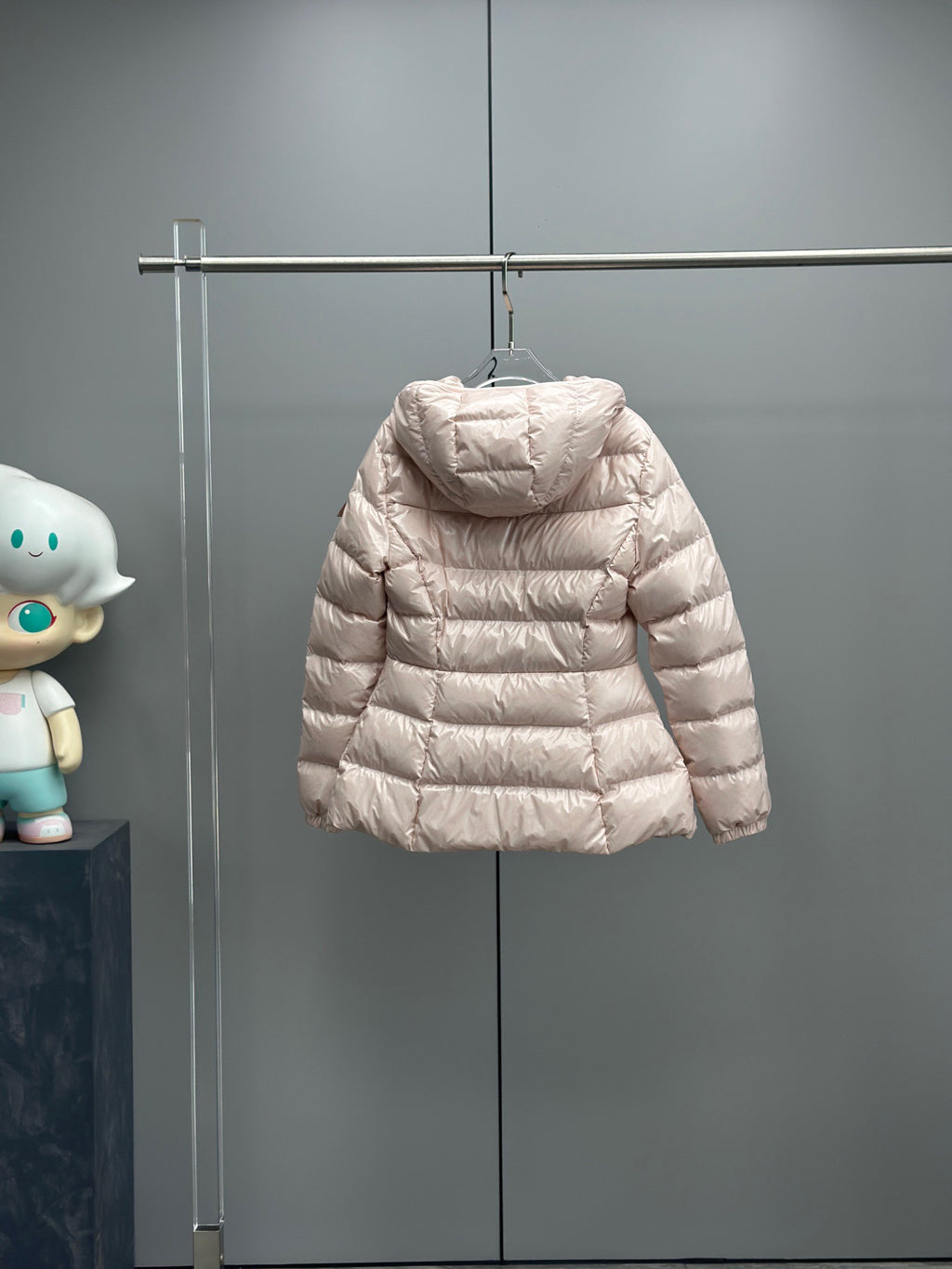 Moncler light pink hooded puffer jacket with quilted chevron-stitch design