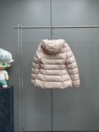 Moncler light pink hooded puffer jacket with quilted chevron-stitch design