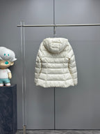 White long puffer jacket back view with hood and horizontal quilt stitching