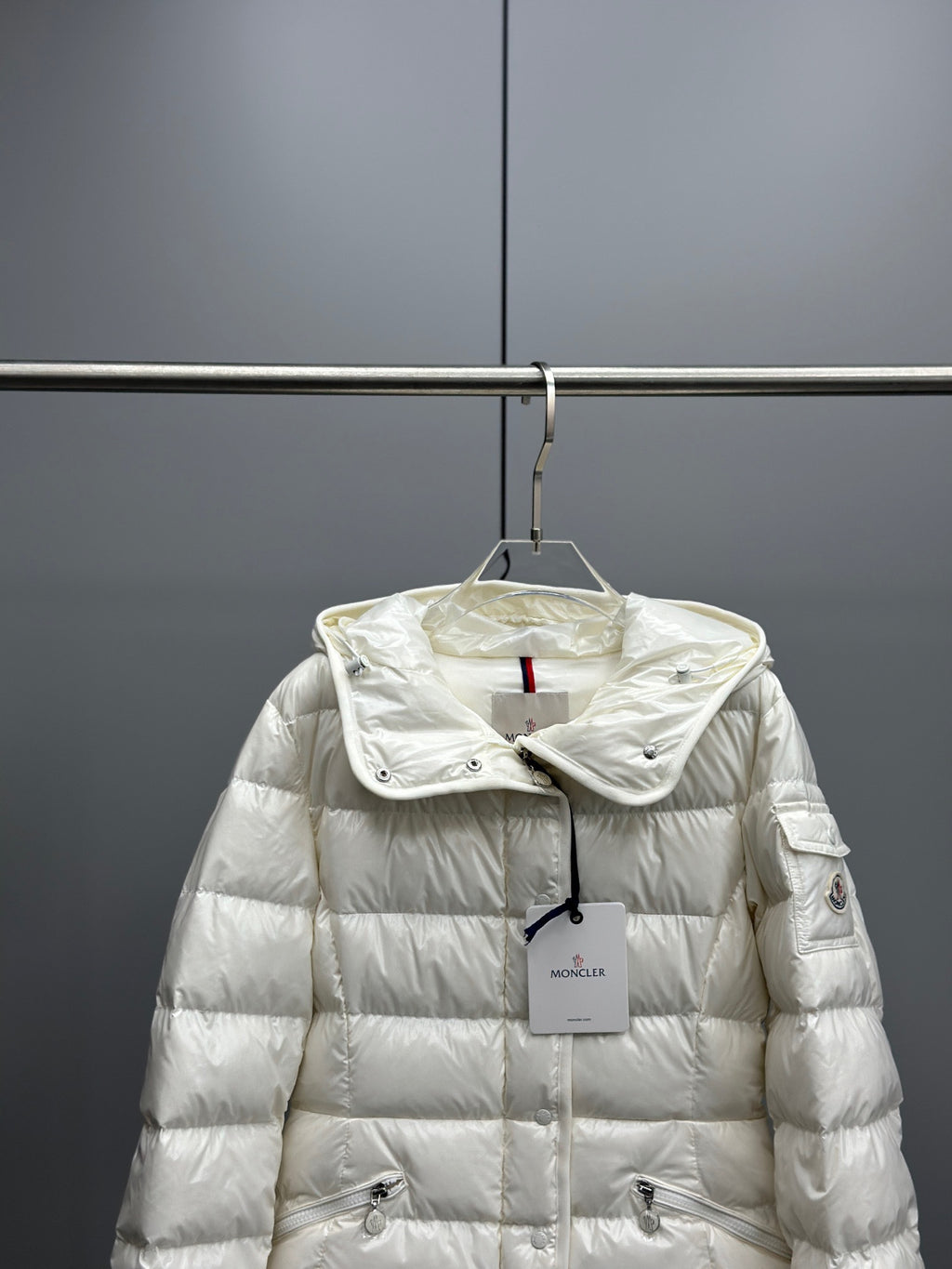 White long puffer jacket with hood, front zipper, Moncler chest logo