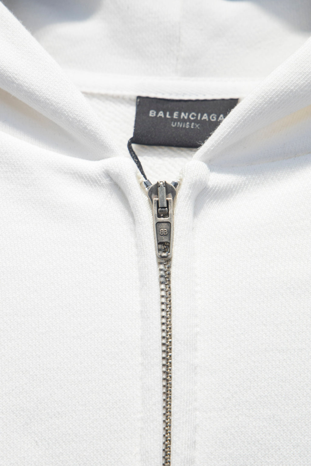 Balenciaga white zip-up hoodie zipper and neckline detail