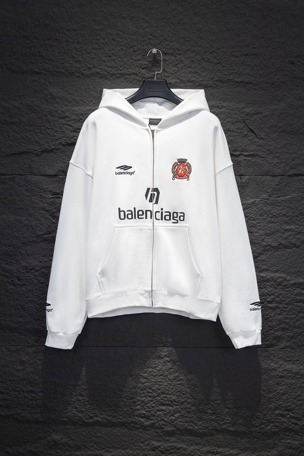 Balenciaga white zip-up hoodie with front logos and crest