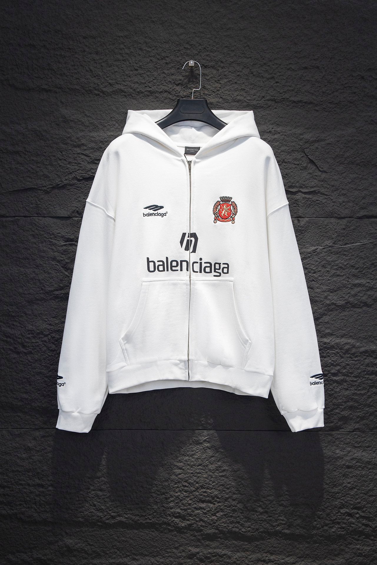 Balenciaga white zip-up hoodie with front logos and crest